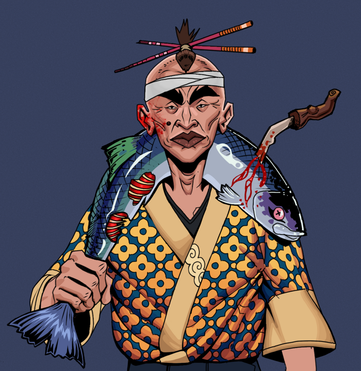 Young Yuji — Degen Dojo NFT art (Shirtless Runt, Blue Evening, Degens, Yellow Flowers Silk Kimono, Young Yuji, Hair Bun With Chopsticks, Dead Fish, Mint)