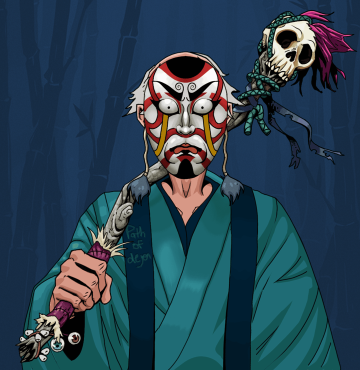 One-Eyed Itsuki — Degen Dojo NFT art (Shirtless Runt, Night Forest, Degens, Dejen Apostate, One-Eyed Itsuki, Kitsune Mask, Kung Fu Master, Shaman Skull Staff, Mint)