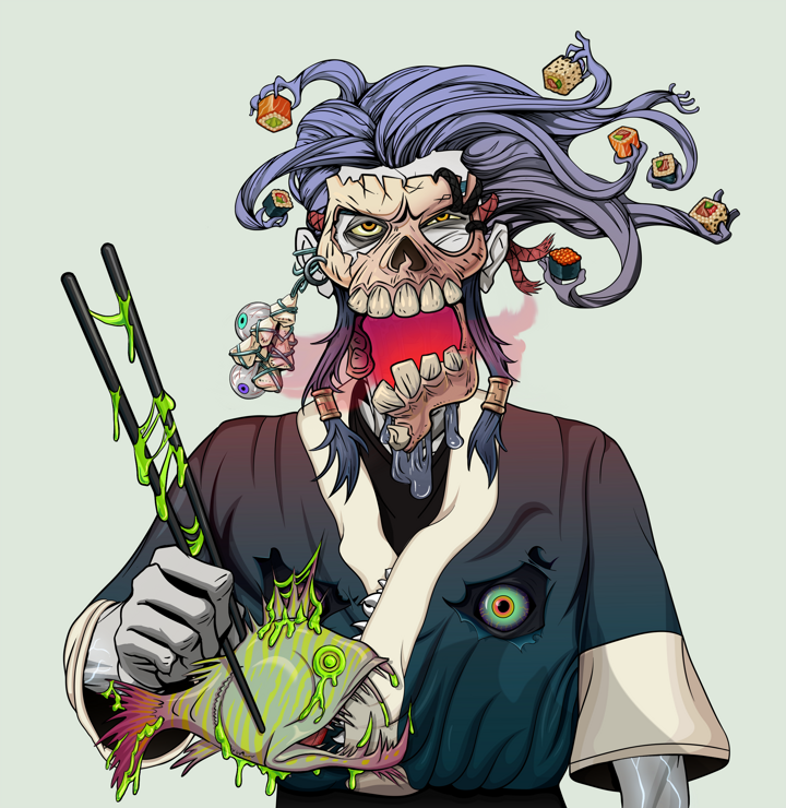 Yuuki — Degen Dojo NFT art (Foes Teeth, Olive Green, Demons, Skull Kimono, Yuuki, Hannya Half Mask, Flowing Battousai, Frightened Fugu, Mint)