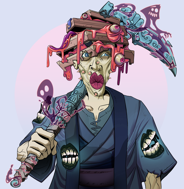 Masumi Steel — Degen Dojo NFT art (Shirtless Runt, Purple Night, Demons, Blue Warrior Kimono, Masumi Steel, Tengai Basket, Stone Fist-Sickle, Mint)