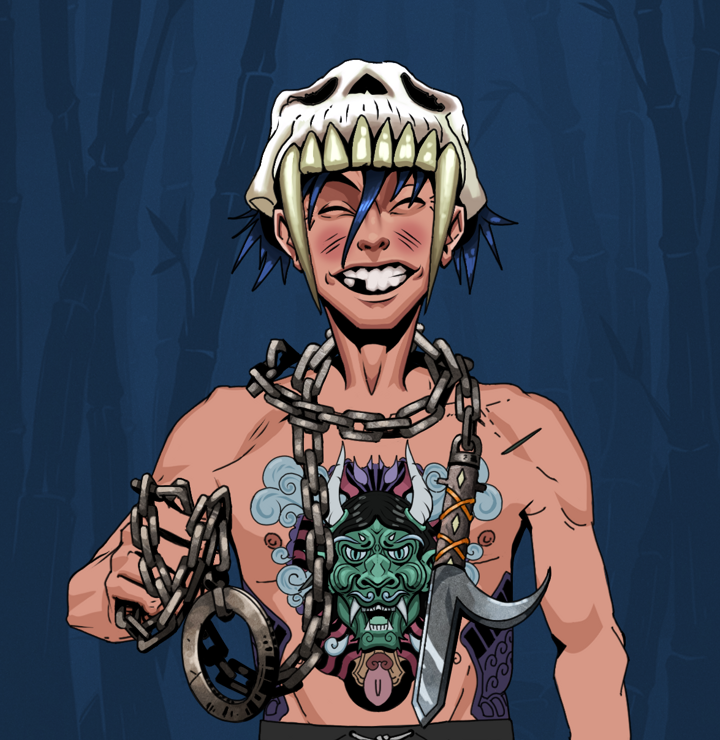 Cheery Haru — Degen Dojo NFT art (Shirtless Runt, Night Forest, Degens, Blue Oni Tattoo, Cheery Haru, Sabertooth Skull, Heavy Kyoketsu, Mint)