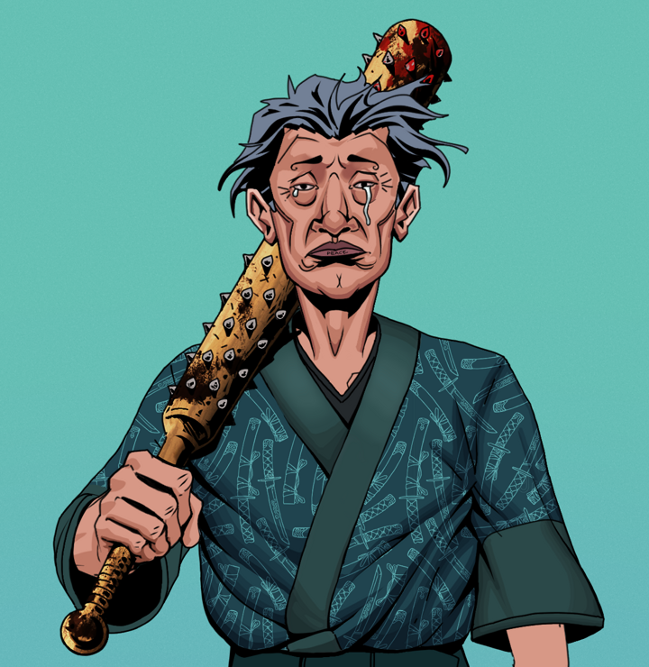 Teary Goro — Degen Dojo NFT art (Shirtless Runt, Teal Daytime, Degens, Katanajamas Kimono, Teary Goro, Wavy, Yakuza Club, Mint)