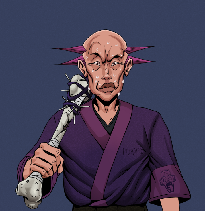 Stresshead Rin — Degen Dojo NFT art (Shirtless Runt, Blue Evening, Degens, Money Kimono, Stresshead Rin, Dejen Mohawk, Spiky Femur, Mint)