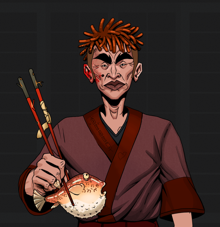 Young Yuji — Degen Dojo NFT art (Shirtless Runt, Shoji Night, Degens, Proud Dejen Kimono, Young Yuji, Orange Bantu Knots, Frightened Fugu, Mint)