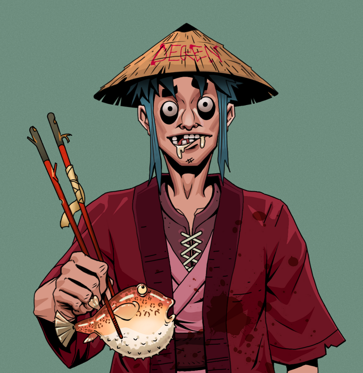 Drooling Azuma — Degen Dojo NFT art (Shirtless Runt, Olive Green, Degens, Red Warrior Kimono, Drooling Azuma, Degen Graffiti Rice Hat, Frightened Fugu, Mint)