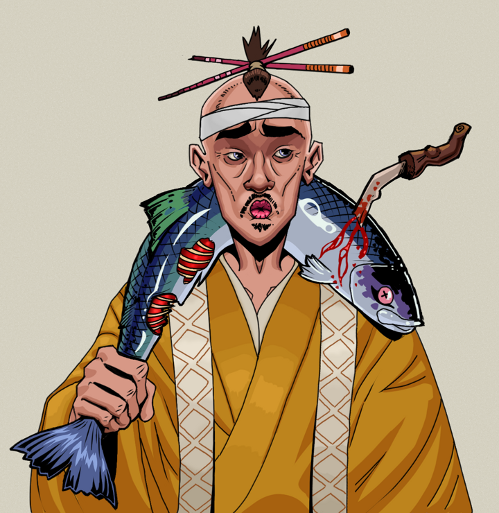 Masumi Steel — Degen Dojo NFT art (Shirtless Runt, Warm Grey, Degens, Ordained Dejen, Masumi Steel, Hair Bun With Chopsticks, Dead Fish, Mint)