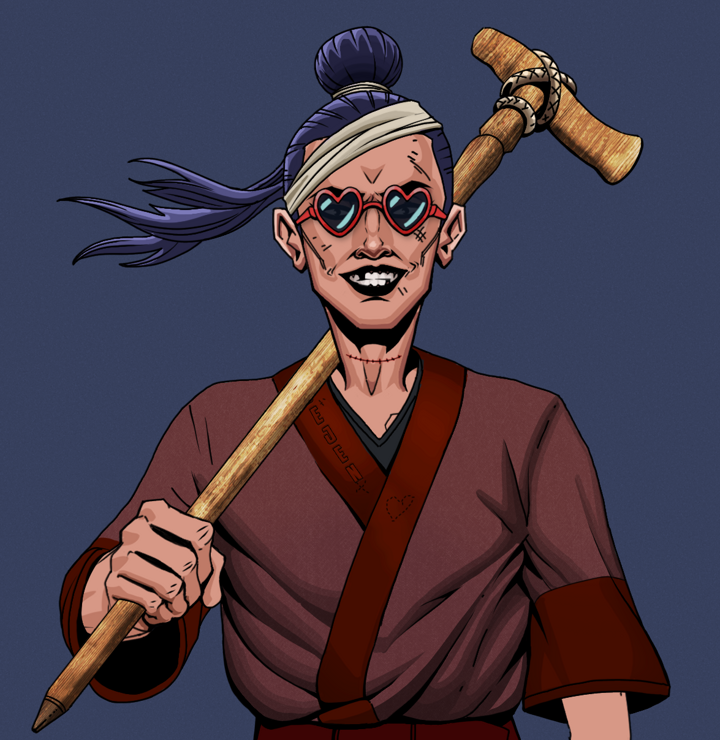 Junichiro Reborn — Degen Dojo NFT art (Shirtless Runt, Blue Evening, Degens, Proud Dejen Kimono, Junichiro Reborn, Loveheart Shades, Long Flowing, Wooden Walking Cane, Mint)