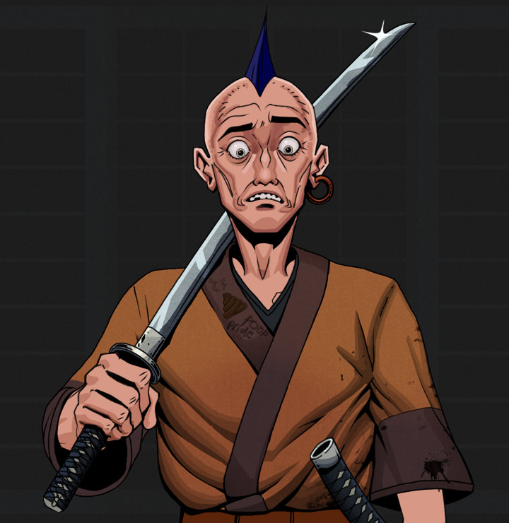 Shitless Botan — Degen Dojo NFT art (Wooden Loop, Shoji Night, Degens, Poop Pride Kimono, Shitless Botan, Shirtless Runt, Mohawk Spike, Katana, Mint)