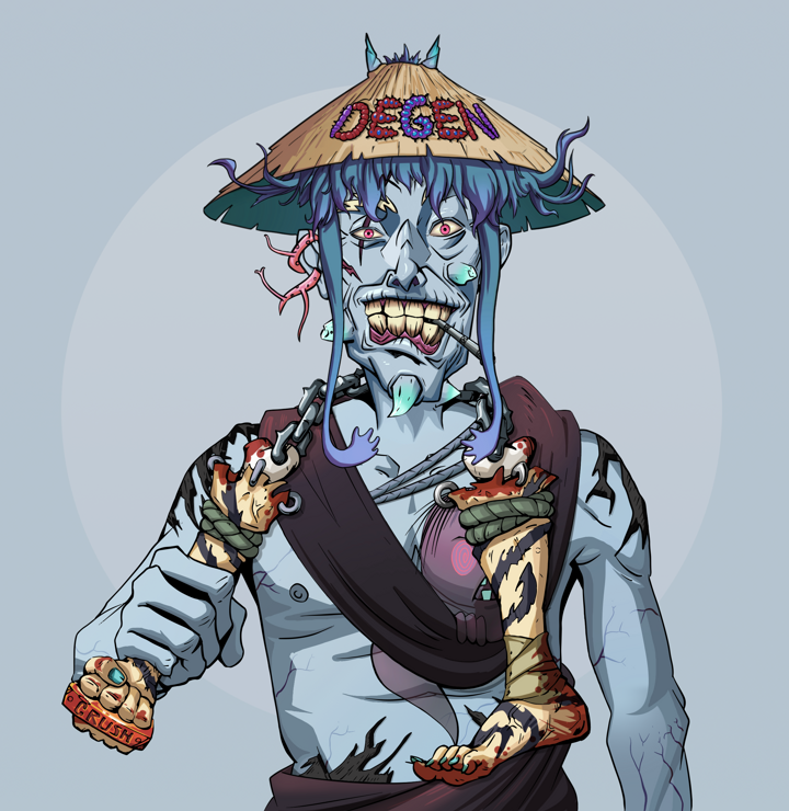 One-Eyed Itsuki — Degen Dojo NFT art (Tassel, Grey Mist, Demons, Little Momonga Friend, One-Eyed Itsuki, Shirtless Runt, Degen Graffiti Rice Hat, Bloody Nunchucks, Mint)