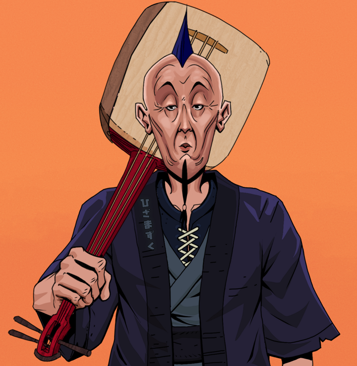 Edmundo — Degen Dojo NFT art (Shirtless Runt, Orange Afternoon, Degens, Daimyo Warrior Kimono, Edmundo, Mohawk Spike, Shamisen, Mint)