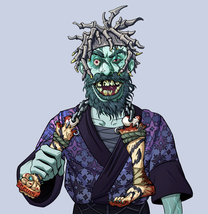 Igor The Bear — Degen Dojo NFT art (Shirtless Runt, Blue Evening, Demons, Loose Parasol Kimono, Igor The Bear, White Ruffian, Bloody Nunchucks, Mint)