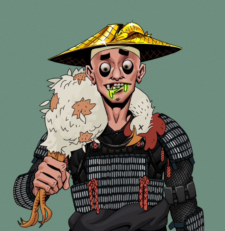 Toxic Azuma — Degen Dojo NFT art (Shirtless Runt, Olive Green, Degens, Black Iron Tosei Gusoku, Toxic Azuma, Golden Kasa Fisherman, Chicken, Mint)