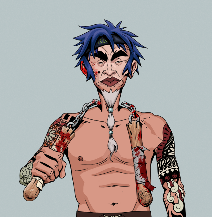 Yuji The Wise — Degen Dojo NFT art (Shirtless Runt, Light Grey, Degens, Yakuza Tattoo Sleeves, Yuji The Wise, Bum Headband Ruffian, Bloody Nunchucks, Mint)