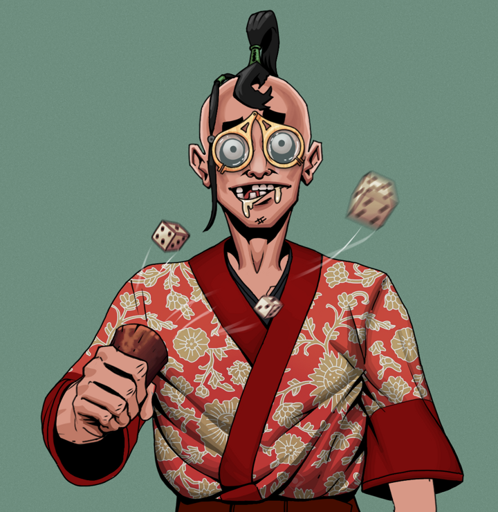 Drooling Azuma — Degen Dojo NFT art (Shirtless Runt, Olive Green, Degens, Silken Sunflower Kimono, Drooling Azuma, Pocket Glasses, Dejen Samurai, Chō-Han Gambling Dice, Mint)
