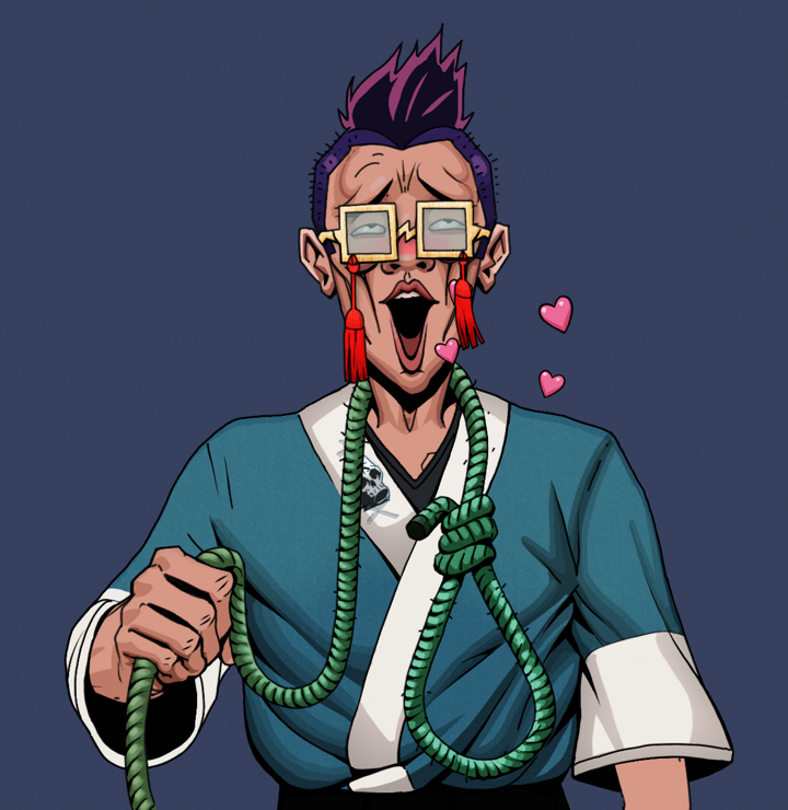 Lovey Haruto — Degen Dojo NFT art (Shirtless Runt, Blue Evening, Degens, Skull Kimono, Lovey Haruto, Shoji Tassel Glasses, Yakuza Hooligan, Noose, Mint)