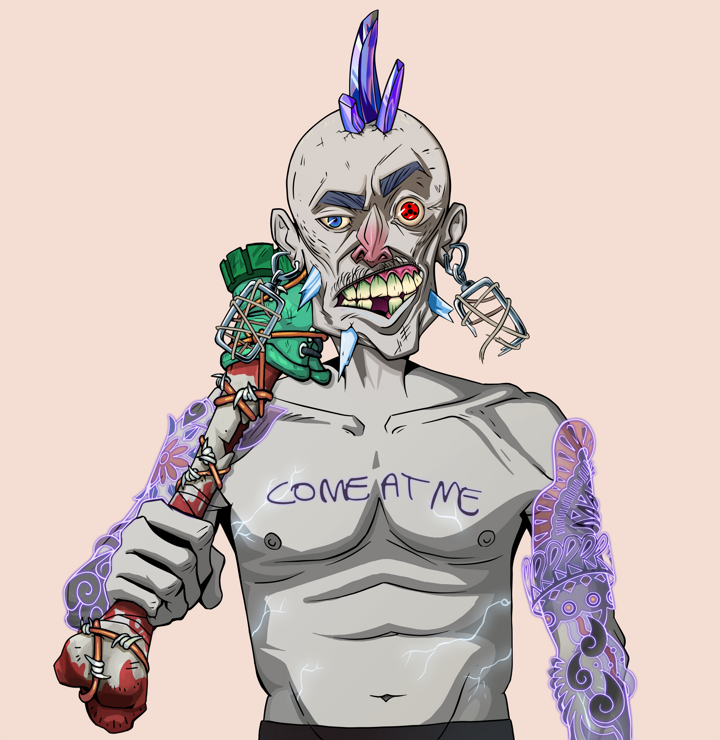 Akuma — Degen Dojo NFT art (Iron Earrings, Orange Afternoon, Demons, Black Yakuza Sleeves, Akuma, Shirtless Runt, Mohawk Spike, Spiky Femur, Mint)