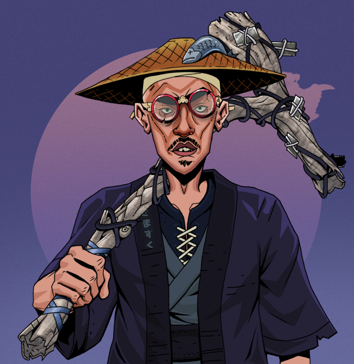 Gloomy Masumi — Degen Dojo NFT art (Shirtless Runt, Purple Night, Degens, Daimyo Warrior Kimono, Gloomy Masumi, Broken Glasses, Wide Kasa Fisherman, Large Branch, Mint)