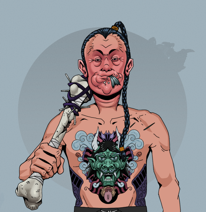 Fatty Bobsticks — Degen Dojo NFT art (Shirtless Runt, Grey Mist, Degens, Blue Oni Tattoo, Fatty Bobsticks, Braided Samurai Ponytail, Spiky Femur, Mint)