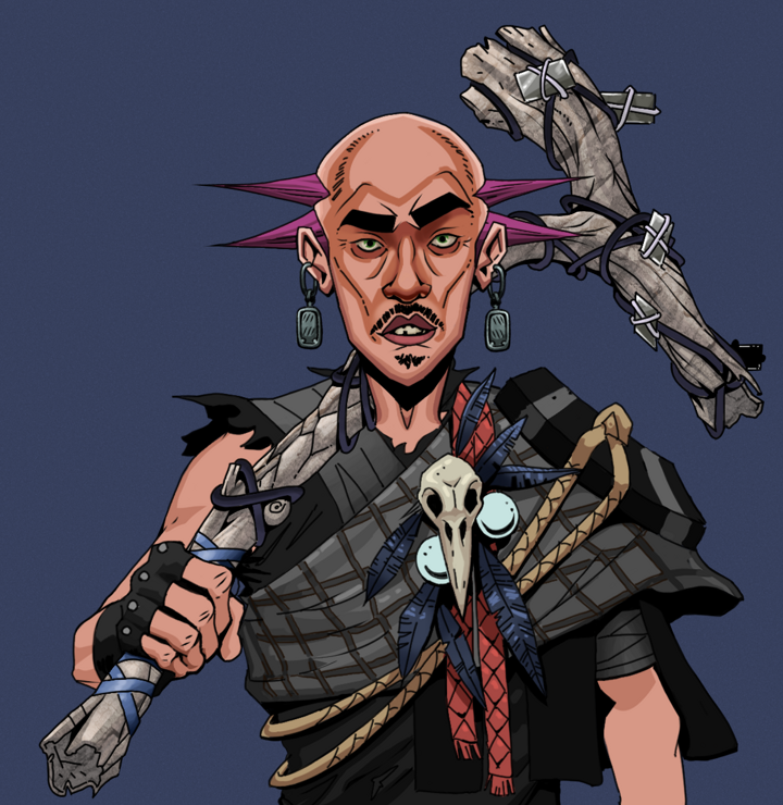 Gloomy Masumi — Degen Dojo NFT art (Iron Earrings, Blue Evening, Degens, Bird Shaman, Gloomy Masumi, Shirtless Runt, Dejen Mohawk, Large Branch, Mint)