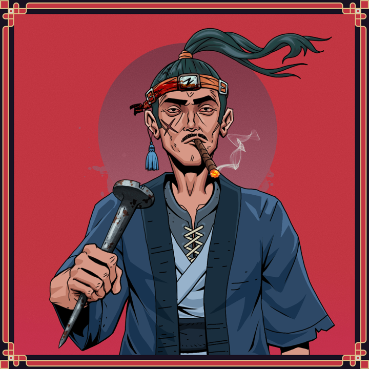 Raikou The Stoner — Degen Dojo NFT art (Tassel, Red High Moon, Raikou The Stoner, Blue Warrior Kimono, Degen, Shirtless Runt, Green Bandana, Immoral Tiger Grinder, Rusty Nail, Framed)