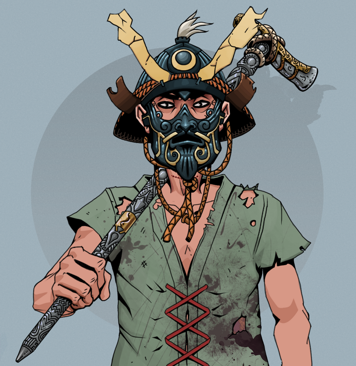 Junichiro Reborn — Degen Dojo NFT art (Shirtless Runt, Grey Mist, Degens, Dirty Peasant Rags, Junichiro Reborn, Tatami Kabuto, Artisan Walking Cane, Mint)