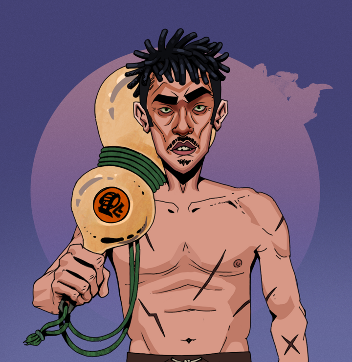 Gloomy Masumi — Degen Dojo NFT art (Shirtless Runt, Purple Night, Degens, Battle Scars, Gloomy Masumi, Black Bantu Knots, Giant Sake Bottle, Mint)