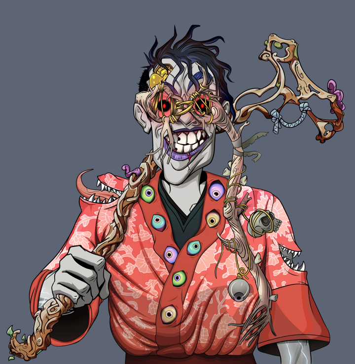 Cheery Haru — Degen Dojo NFT art (Shirtless Runt, Shoji Night, Demons, Silken Sunflower Kimono, Cheery Haru, Telescopic Glasses, Short Spiky Dark, Wooden Walking Cane, Mint)