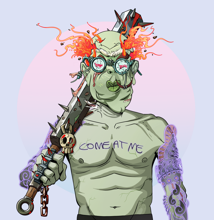 Fat Bob — Degen Dojo NFT art (Chicken Bones, Purple Night, Demons, Black Yakuza Sleeves, Fat Bob, Dojo Graffiti, Red Heihachi, Yakuza Club, Mint)