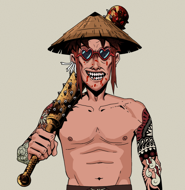 Assassin Fuzen — Degen Dojo NFT art (Chicken Bones, Warm Grey, Degens, Yakuza Tattoo Sleeves, Assassin Fuzen, Loveheart Shades, Rice Hat, Yakuza Club, Mint)