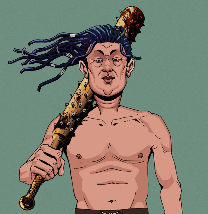 Fat Bob — Degen Dojo NFT art (Shirtless Runt, Olive Green, Degens, Fat Bob, Flowing Dreads, Yakuza Club, Mint)