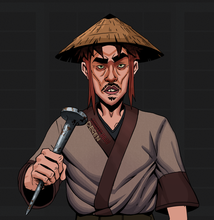 Gloomy Masumi — Degen Dojo NFT art (Shirtless Runt, Shoji Night, Degens, Degen Dojo Kimono, Gloomy Masumi, Rice Hat, Rusty Nail, Mint)