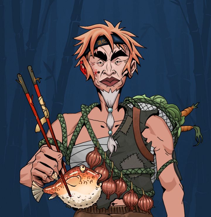 Yuji The Wise — Degen Dojo NFT art (Shirtless Runt, Night Forest, Degens, Farmer, Yuji The Wise, Tiger Headband Ruffian, Frightened Fugu, Mint)