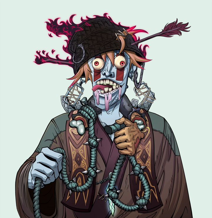 Drooling Azuma — Degen Dojo NFT art (Iron Earrings, Teal Daytime, Demons, Ordained Dejen, Drooling Azuma, Shirtless Runt, Burning Basket, Noose, Mint)