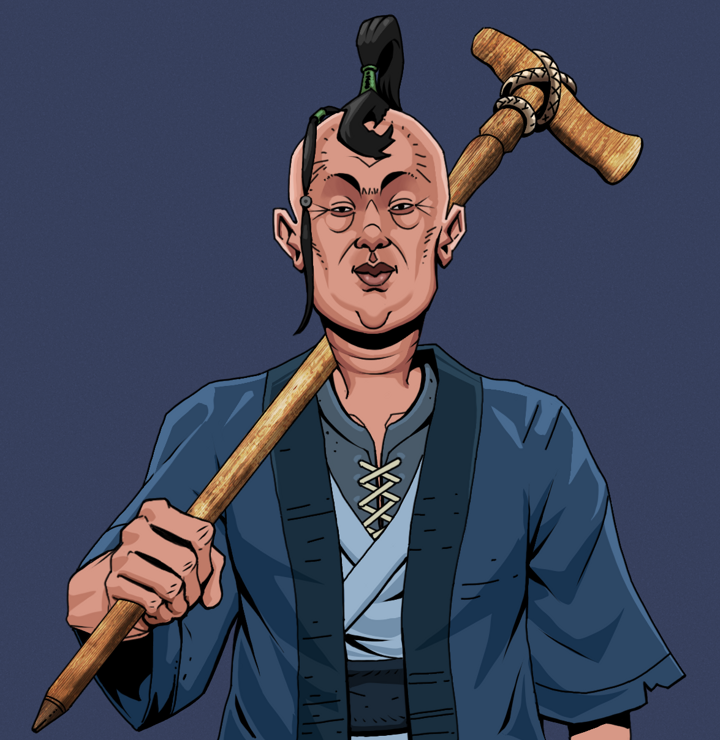 Fat Bob — Degen Dojo NFT art (Shirtless Runt, Blue Evening, Degens, Blue Warrior Kimono, Fat Bob, Dejen Samurai, Wooden Walking Cane, Mint)