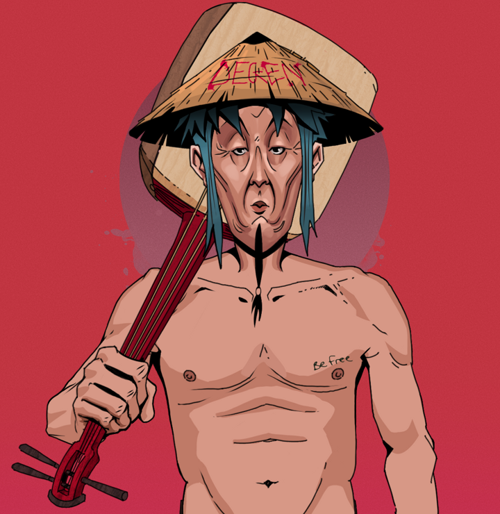 Edmundo — Degen Dojo NFT art (Shirtless Runt, Red High Moon, Degens, Nudey Freak, Edmundo, Degen Graffiti Rice Hat, Shamisen, Mint)