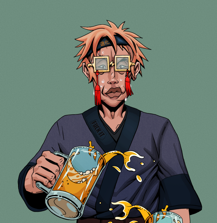 Stresshead Rin — Degen Dojo NFT art (Shirtless Runt, Olive Green, Degens, Fuck You Kimono, Stresshead Rin, Shoji Tassel Glasses, Tiger Headband Ruffian, Beer Splash, Mint)