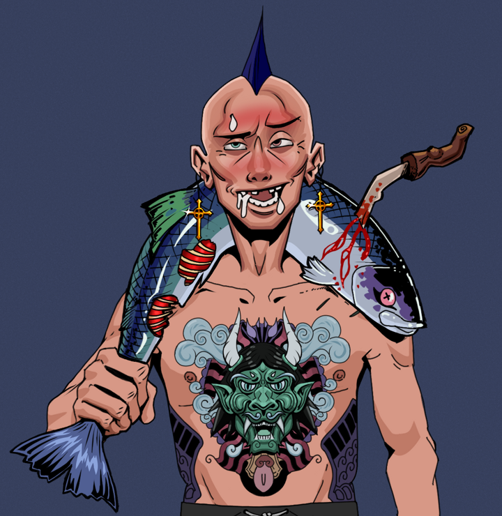 Yuuki — Degen Dojo NFT art (Golden Jesuit Crosses, Blue Evening, Degens, Blue Oni Tattoo, Yuuki, Shirtless Runt, Mohawk Spike, Dead Fish, Mint)