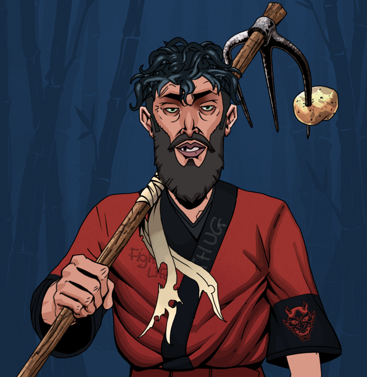 Serious Oleg — Degen Dojo NFT art (Shirtless Runt, Night Forest, Degens, Red Oni Kimono, Serious Oleg, Messy, Farmers Hoe, Mint)