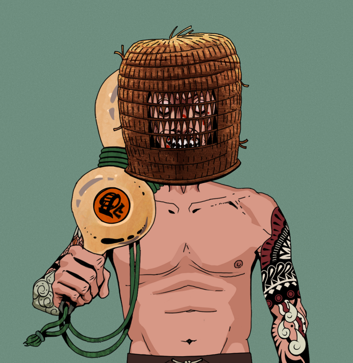 Assassin Fuzen — Degen Dojo NFT art (Shirtless Runt, Olive Green, Degens, Yakuza Tattoo Sleeves, Assassin Fuzen, Tengai Basket, Giant Sake Bottle, Mint)