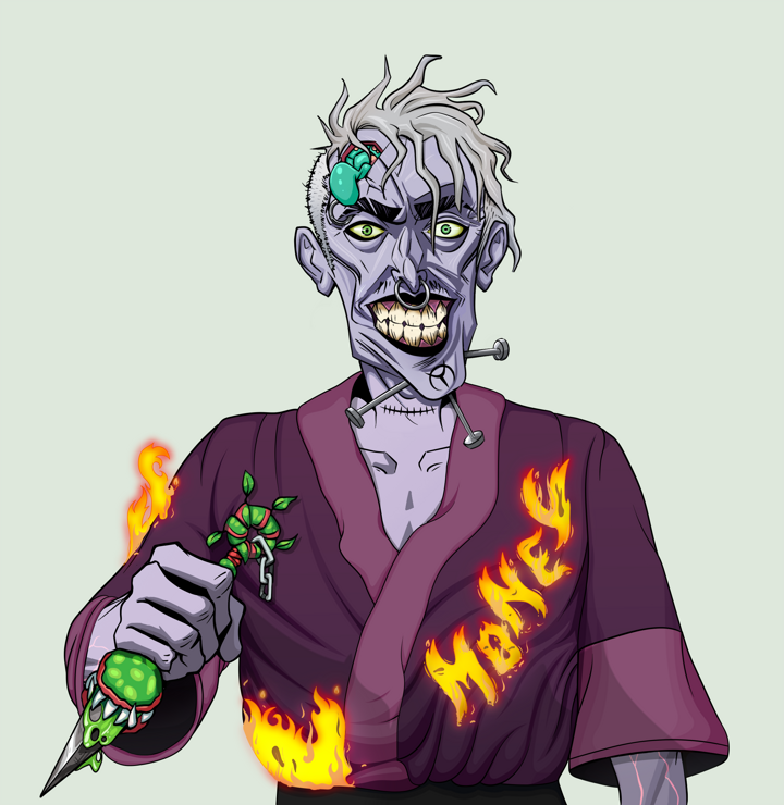Junichiro Reborn — Degen Dojo NFT art (Shirtless Runt, Olive Green, Demons, Money Kimono, Junichiro Reborn, Short Spiky Grey, Kunai, Mint)