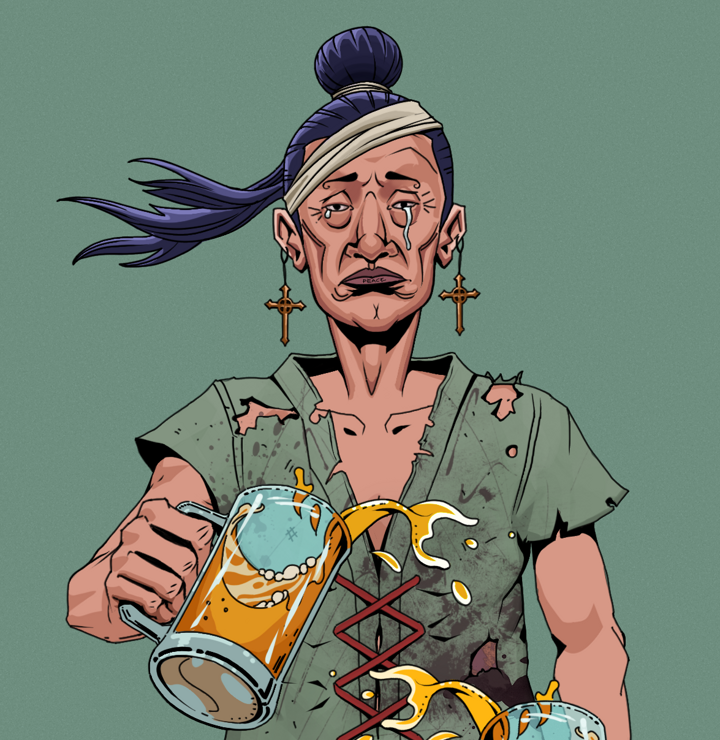 Teary Goro — Degen Dojo NFT art (Jesuit Crosses, Olive Green, Degens, Dirty Peasant Rags, Teary Goro, Shirtless Runt, Long Flowing, Beer Splash, Mint)