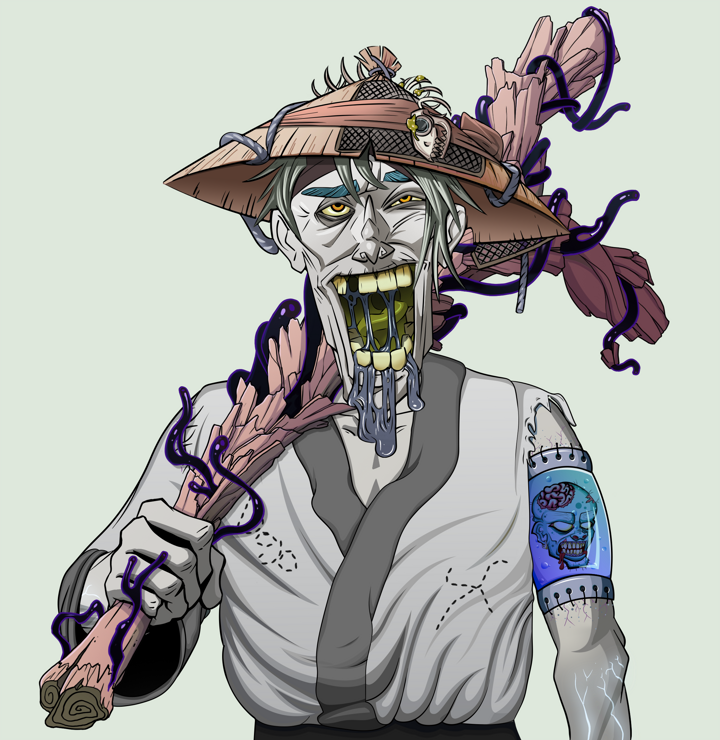 Yuuki — Degen Dojo NFT art (Shirtless Runt, Olive Green, Demons, No Honor Kimono, Yuuki, Wide Kasa Fisherman, Large Branch, Mint)