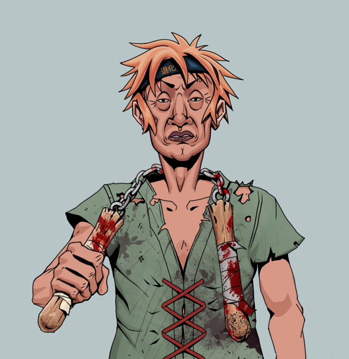 Goro — Degen Dojo NFT art (Shirtless Runt, Light Grey, Degens, Dirty Peasant Rags, Goro, Tiger Headband Ruffian, Bloody Nunchucks, Mint)