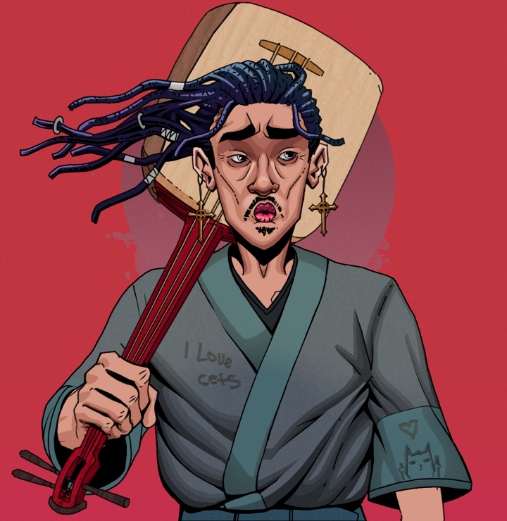 Masumi Steel — Degen Dojo NFT art (Jesuit Crosses, Red High Moon, Degens, Cet Kimono, Masumi Steel, Shirtless Runt, Flowing Dreads, Shamisen, Mint)