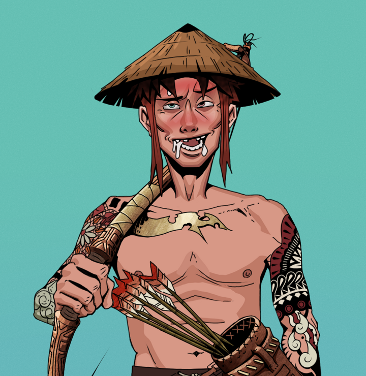 Yuuki — Degen Dojo NFT art (Shirtless Runt, Teal Daytime, Degens, Yakuza Tattoo Sleeves, Yuuki, Rice Hat, Runed Yumi, Mint)