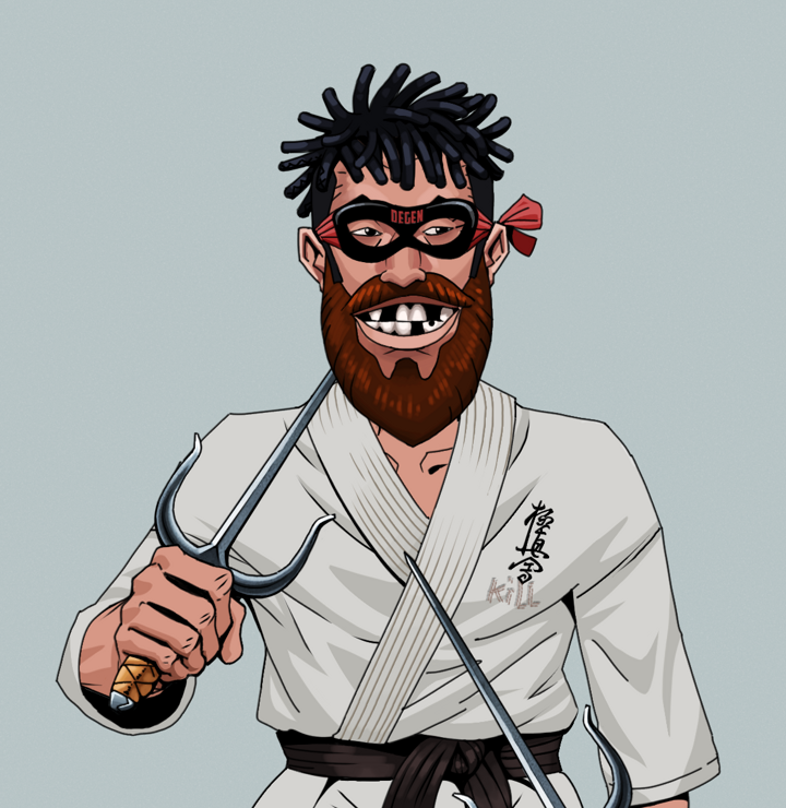 Igor The Bear — Degen Dojo NFT art (Shirtless Runt, Light Grey, Degens, Student Gi, Igor The Bear, Degen Superhero, Black Bantu Knots, Dual Sai, Mint)