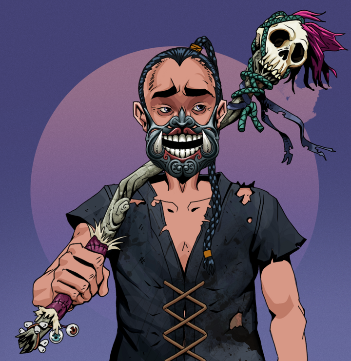 Masumi Steel — Degen Dojo NFT art (Shirtless Runt, Purple Night, Degens, Black Peasant Sack, Masumi Steel, Hannya Half Mask, Braided Samurai Ponytail, Shaman Skull Staff, Mint)