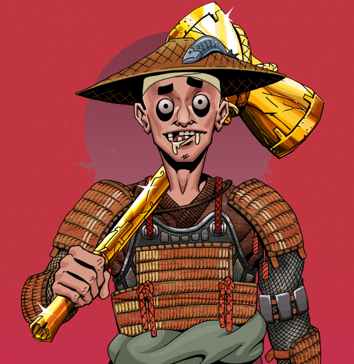 Drooling Azuma — Degen Dojo NFT art (Shirtless Runt, Red High Moon, Degens, Tatami Tosei Gusoku, Drooling Azuma, Wide Kasa Fisherman, Golden Warhammer, Mint)