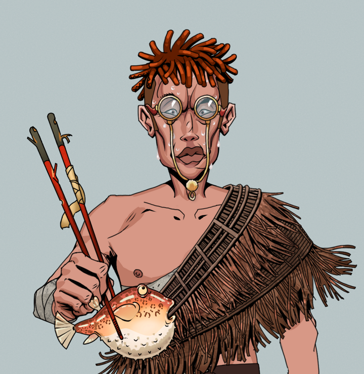 Stresshead Rin — Degen Dojo NFT art (Shirtless Runt, Light Grey, Degens, Dried Straw, Stresshead Rin, Pompous Glasses, Orange Bantu Knots, Frightened Fugu, Mint)