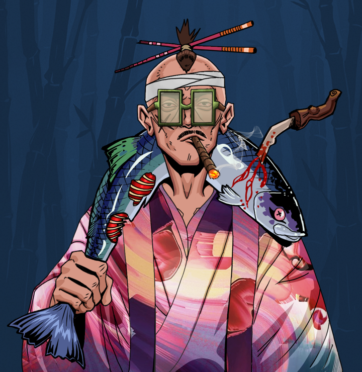 Raikou The Stoner — Degen Dojo NFT art (Shirtless Runt, Night Forest, Degens, Autumn Sakura Kimono, Raikou The Stoner, Shoji Glasses, Hair Bun With Chopsticks, Dead Fish, Mint)
